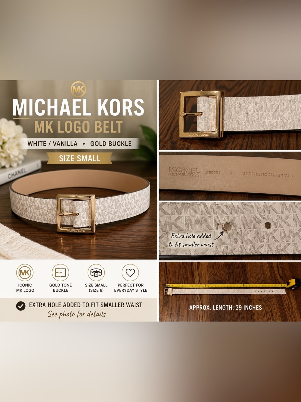 Michael Kors MK Logo Belt White Vanilla Gold Buckle Size Small